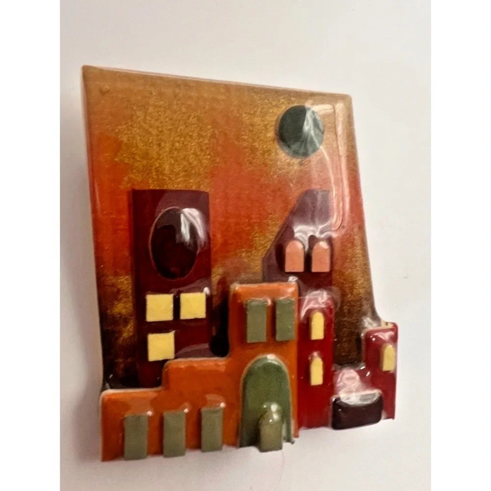 Lucinda House Pin Brooch Town Scene Resin Pueblo Casas Vintage Cityscape Artisan